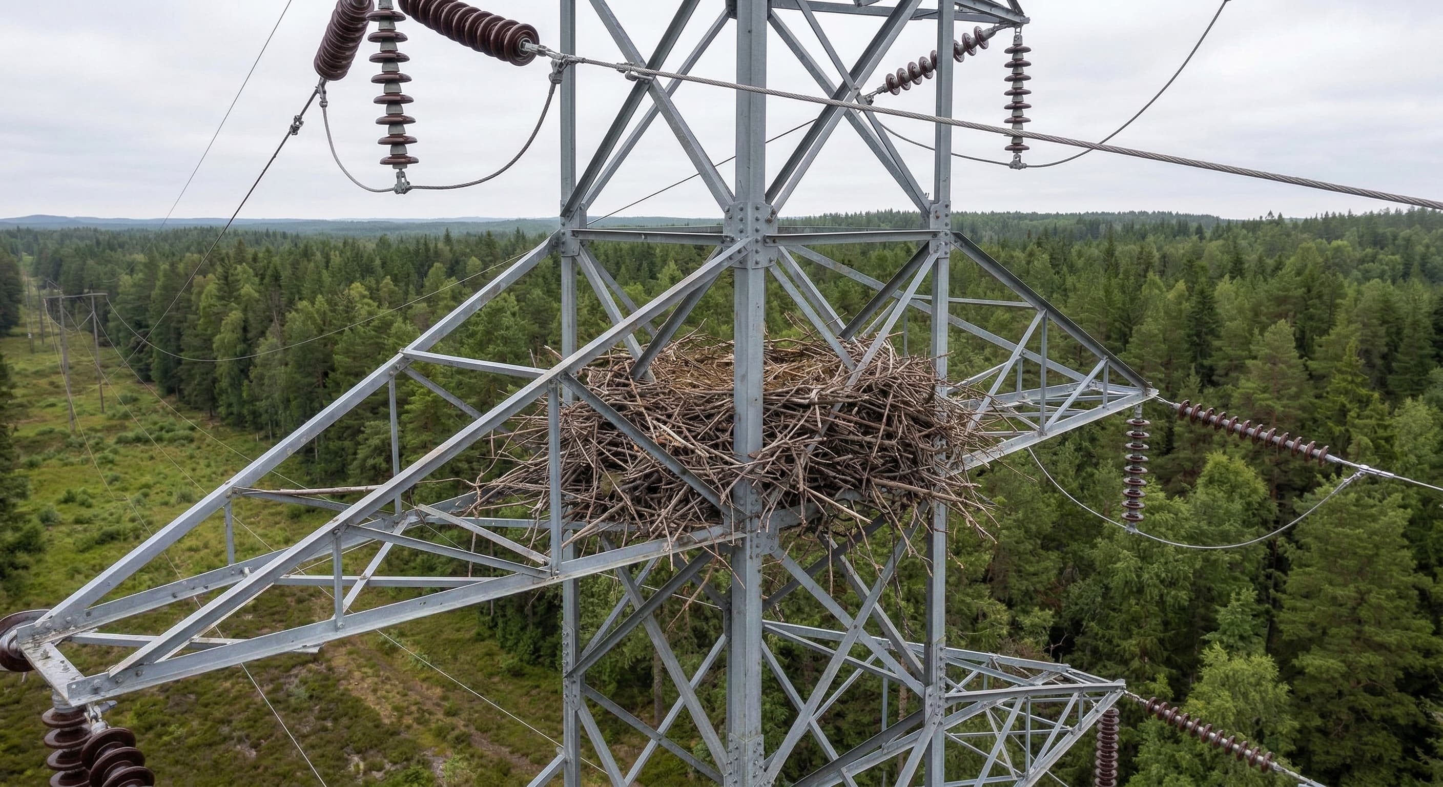 Fågelbo byggt på kraftledningsmast