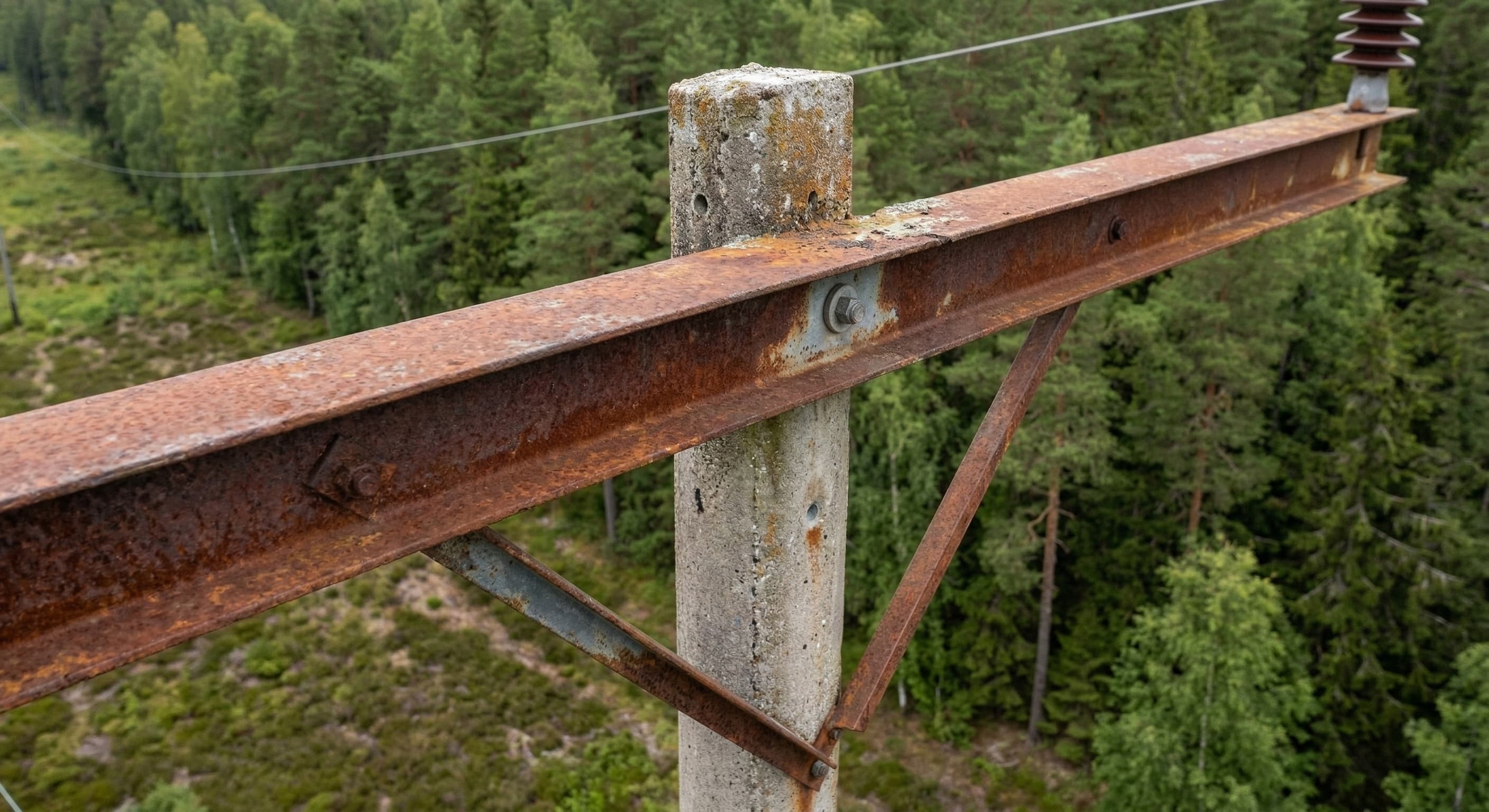 Rostig traversfot på betongstolpe med synlig ytkorrosion