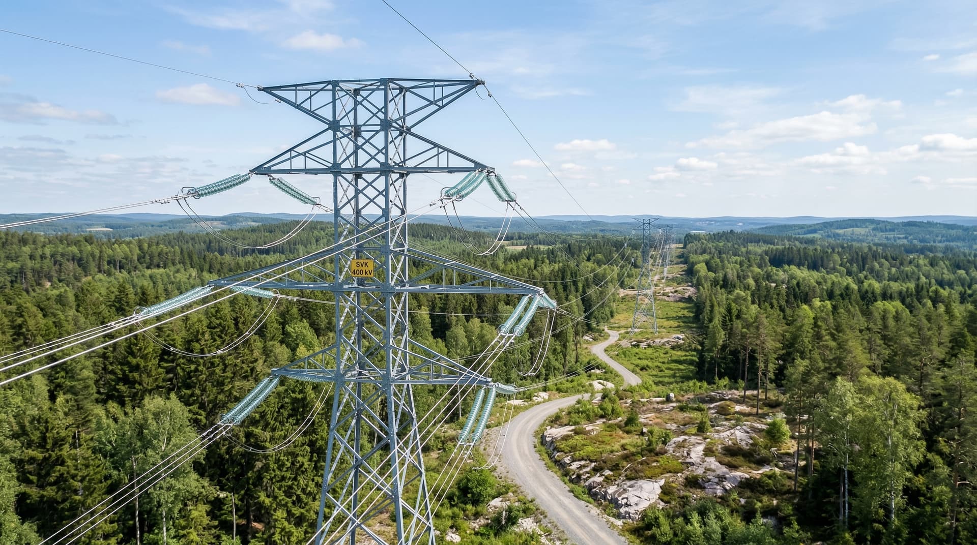 Drönarvy av kraftledningsstolpe och ledningsgata