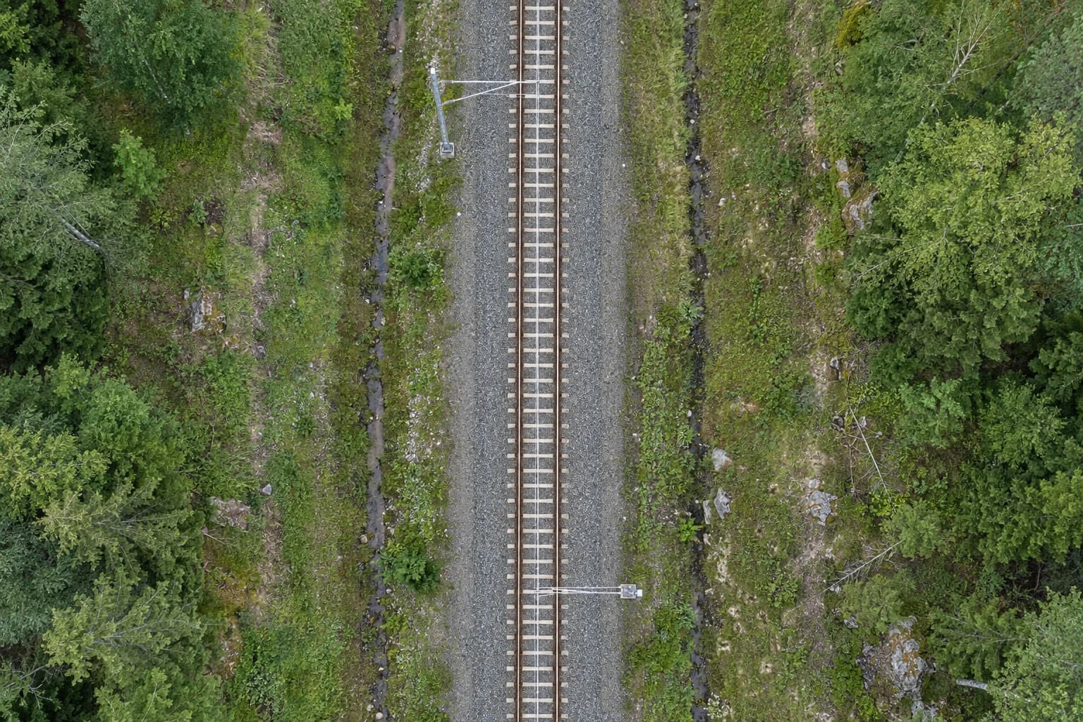 Lodvy över järnvägsspår, kontaktledning, banvall och diken