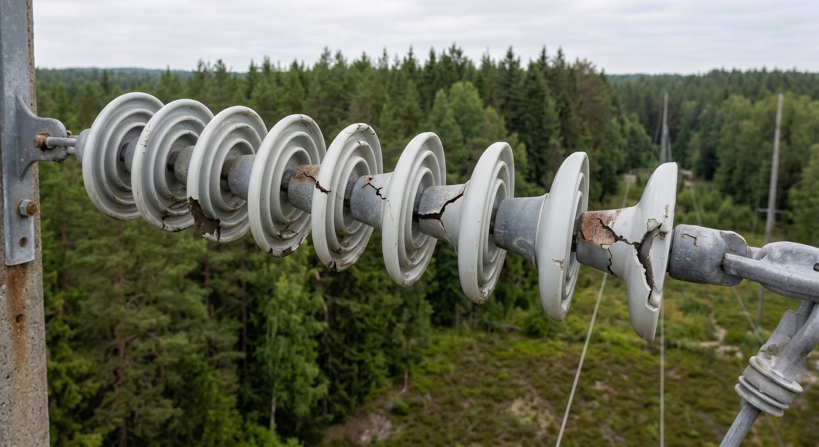 Närbild på sprucken porslinssolator på kraftledningsstolpe