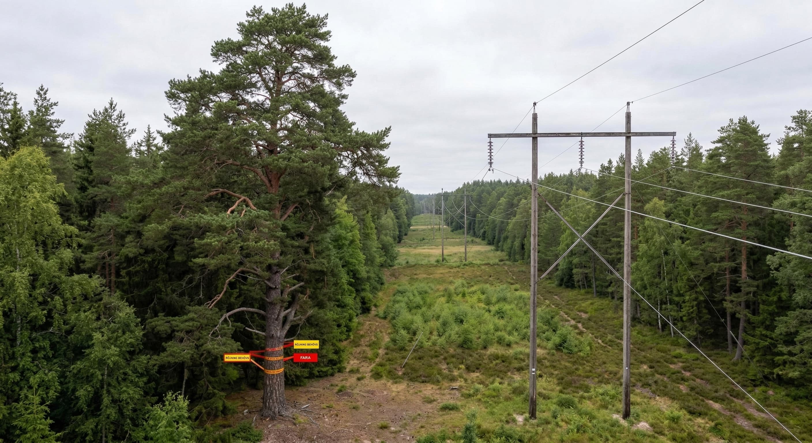Träd med varningsskylt nära kraftledning som kräver röjning